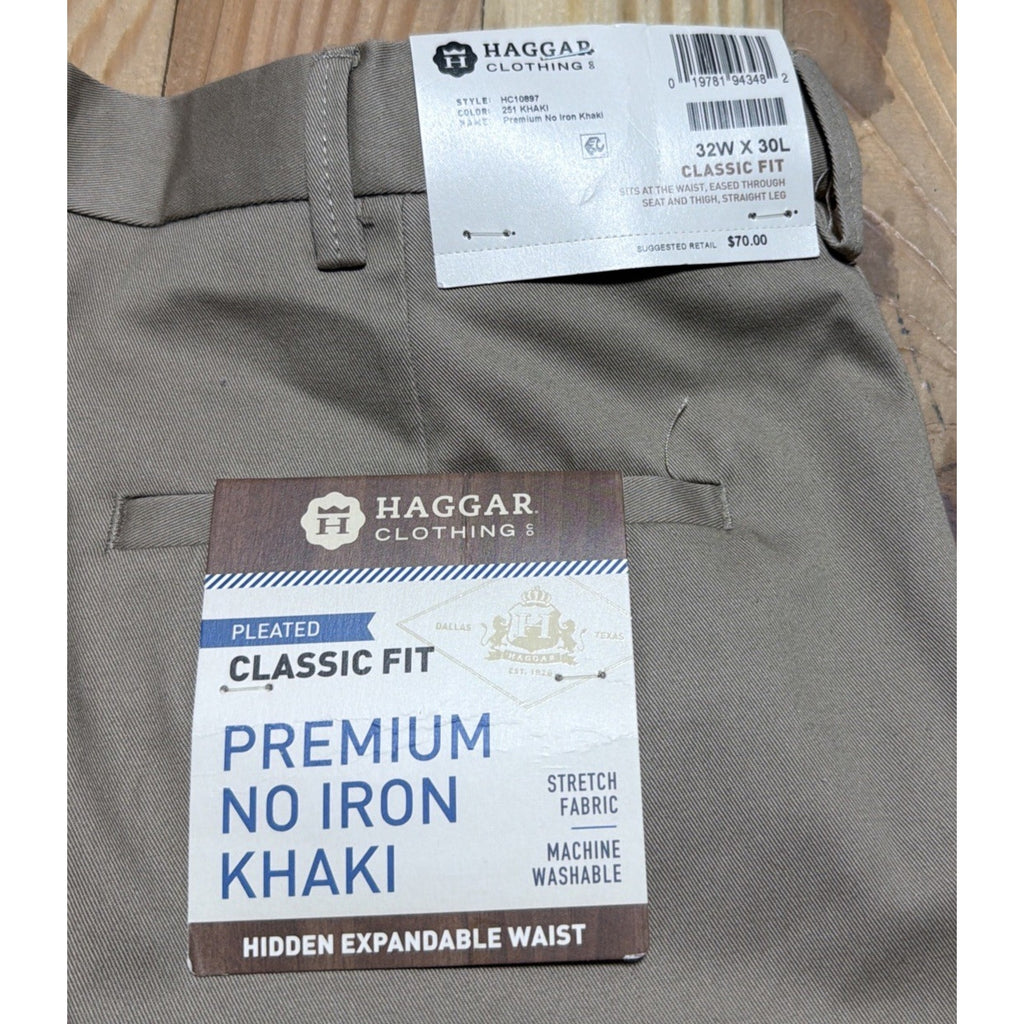 NWT Haggar Mens Premium No Iron Classic Fit Pleated Dress Pants Khaki 32x30 New