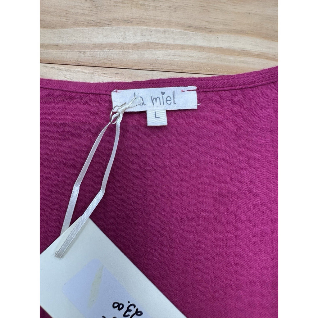 La Miel Crop Top Blouse Short Sleeve Pink Cotton Scoop Neck Tie Women’s Size L