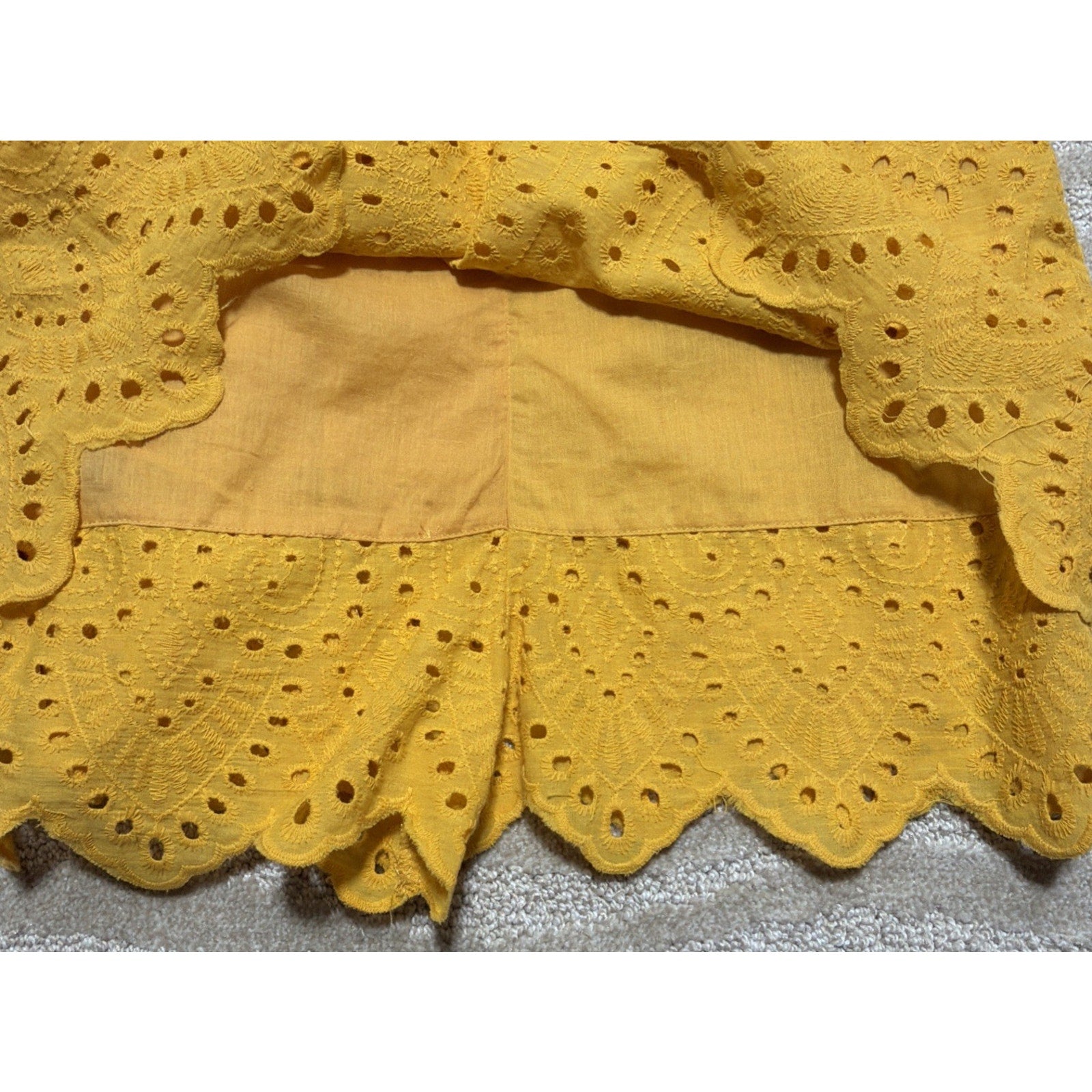 Mustard Yellow Eyelet Top Dress Women Small Boho Cottagecore Babydoll Cotton