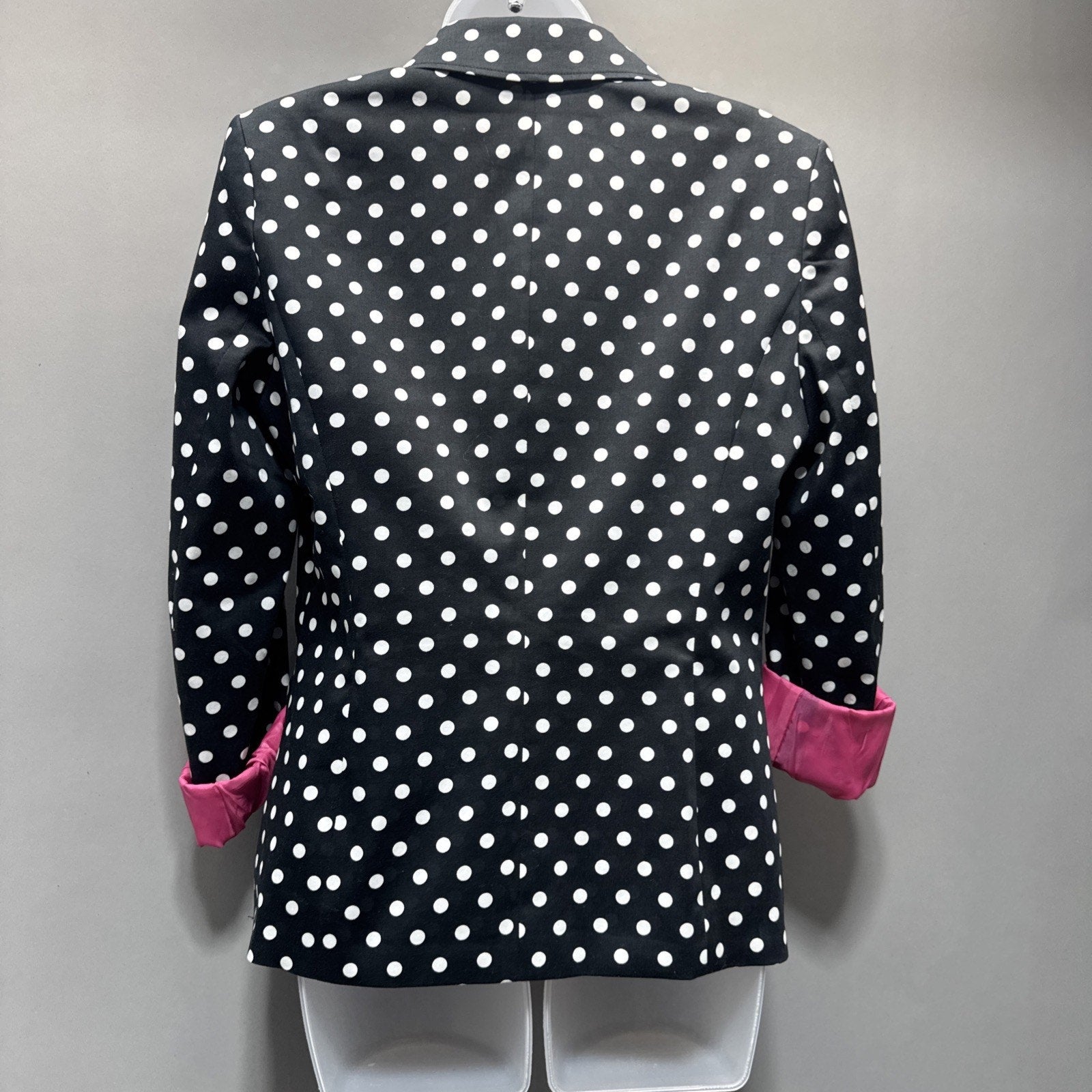 Focus 2000 Women Black Polka Dot Blazer Jacket Hot Pink Lining Women’s Size 8