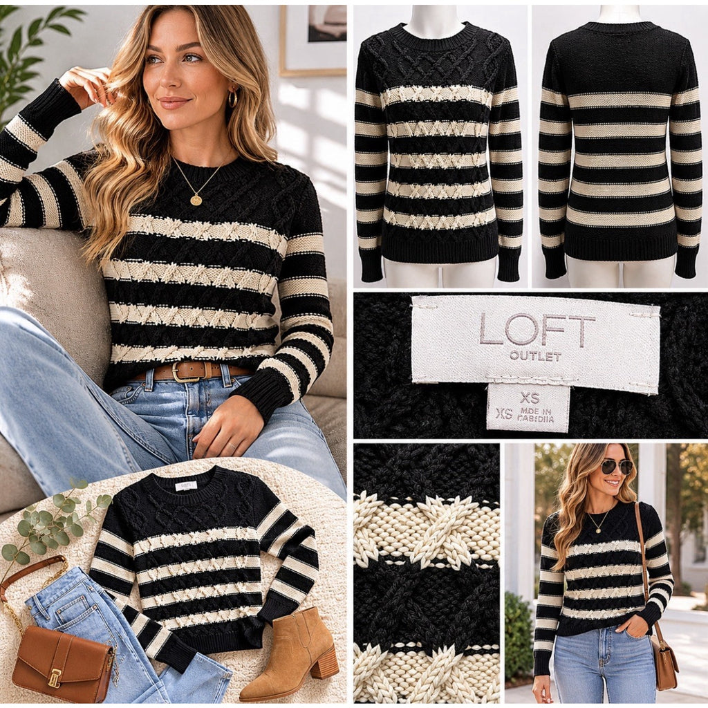 LOFT Outlet Sweater XS Black White Striped Cable Knit Crewneck Pullover