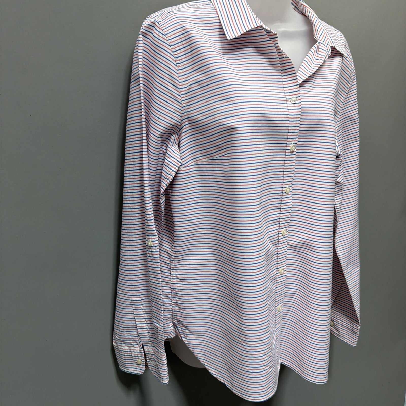 Talbots Women's L Button-Front Shirt Striped Red Blue White Top Casual Preppy
