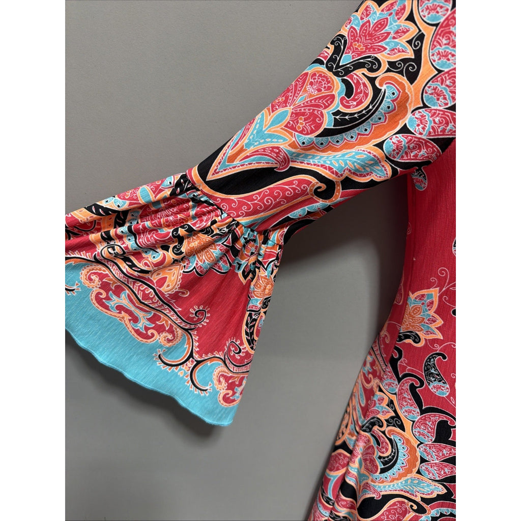 Pink Coconut Boutique Women's S Colorful Paisley Bell Sleeve Boho Shift Dress
