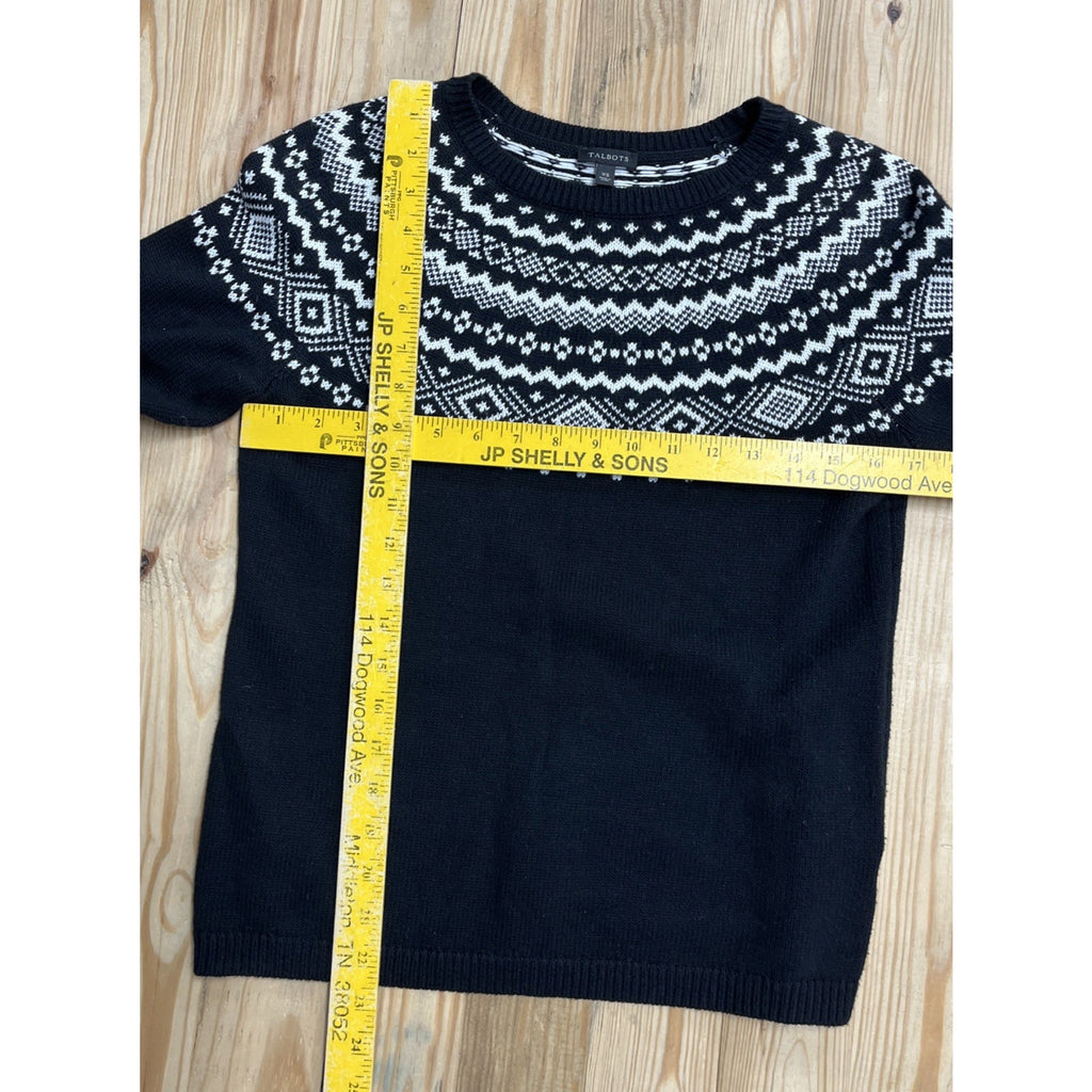 Talbots Nordic Print Sweater Size XS Black White Dolman Sleeves