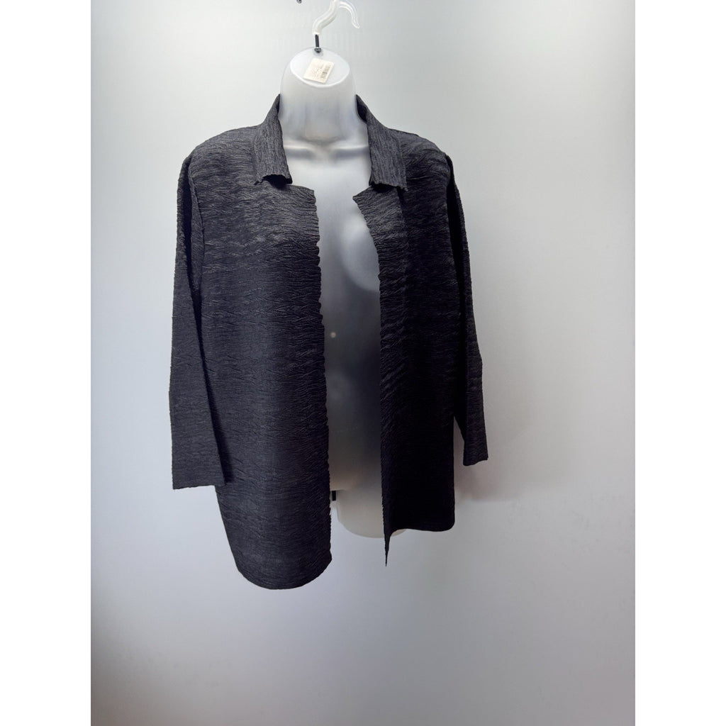 Chicos Open Collar Cardigan Crepe Textured Shiny Charcoal Women Size 2 US L