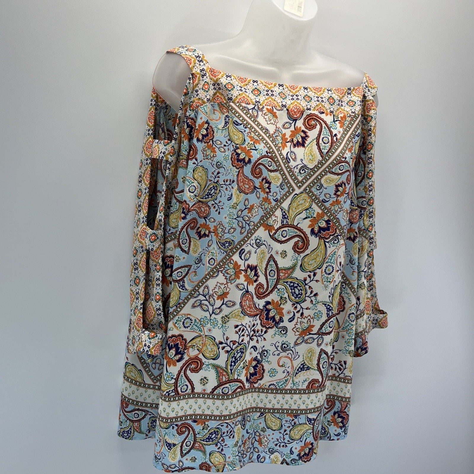 Figueroa And Flower Top Womens 2x Multicolor Paisley Cold Shoulder 3/4 Sleeve