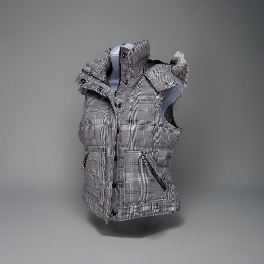 Aeropostale Plaid Down Puffer Vest Jacket Faux Fur Trim Hood Size Women’s Medium