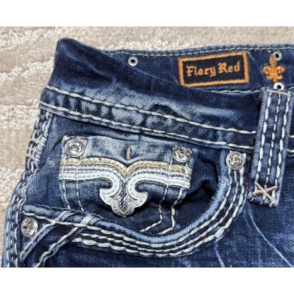 Rock Revival Fiery Red Easy Boot Denim Blue Jeans Embellished MidRise 31x28 Hem