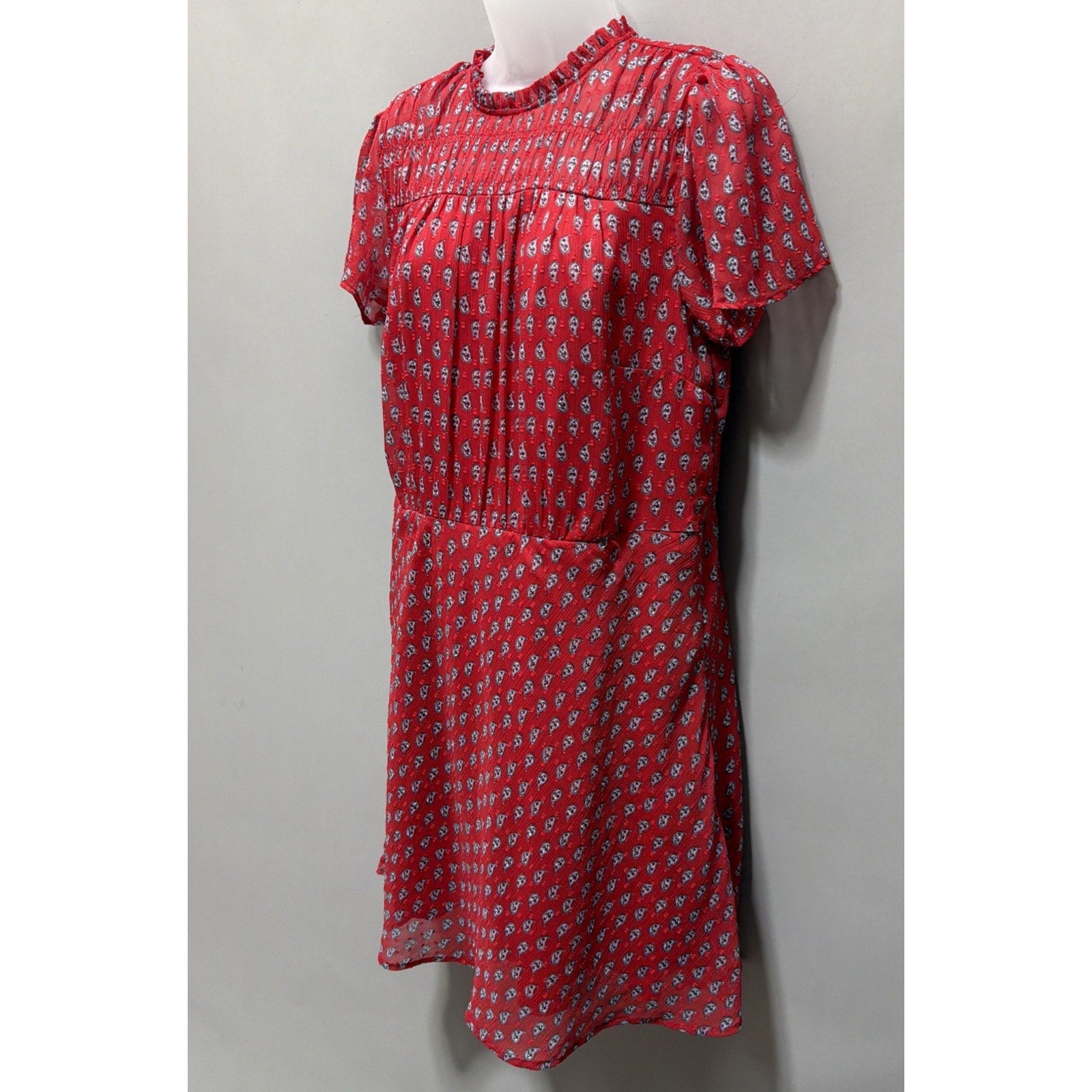 LOFT Red Paisley Clip Dot Smocked Mock Neck Lined Mini Dress Size 12 Petite