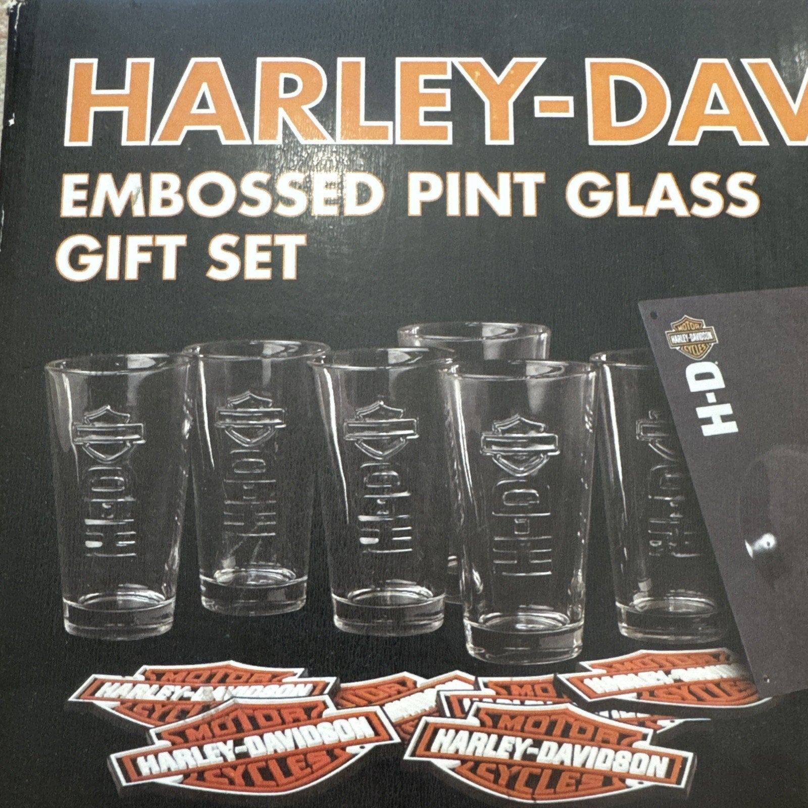 Harley Davidson Embossed Pint Glass Gift Set 6 Glasses Coasters Wall Opener NIB