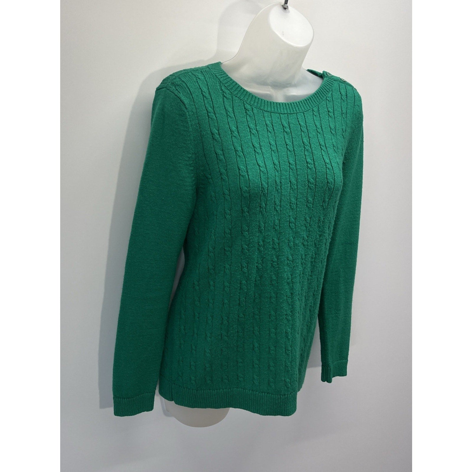 Talbots Petites Sz MP Green Long Sleeve Pullover Round Neck Cable Knit Sweater