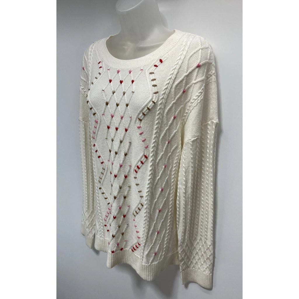 Talbots Ivory Whipstitch Hearts Cable Knit Sweater Size XL