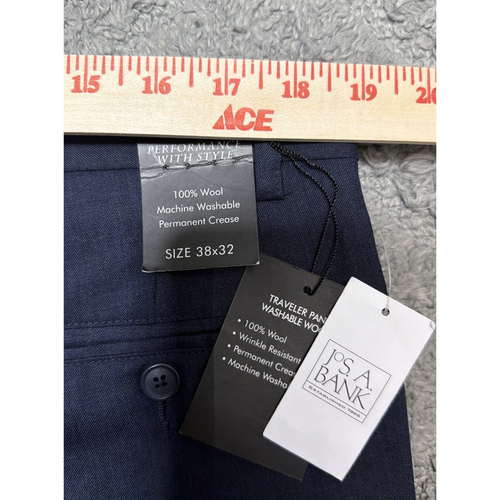 Jos A Bank 100% Wool Traveler Dress Pants Pleated Cuffed Mens Navy Cuff 38x32
