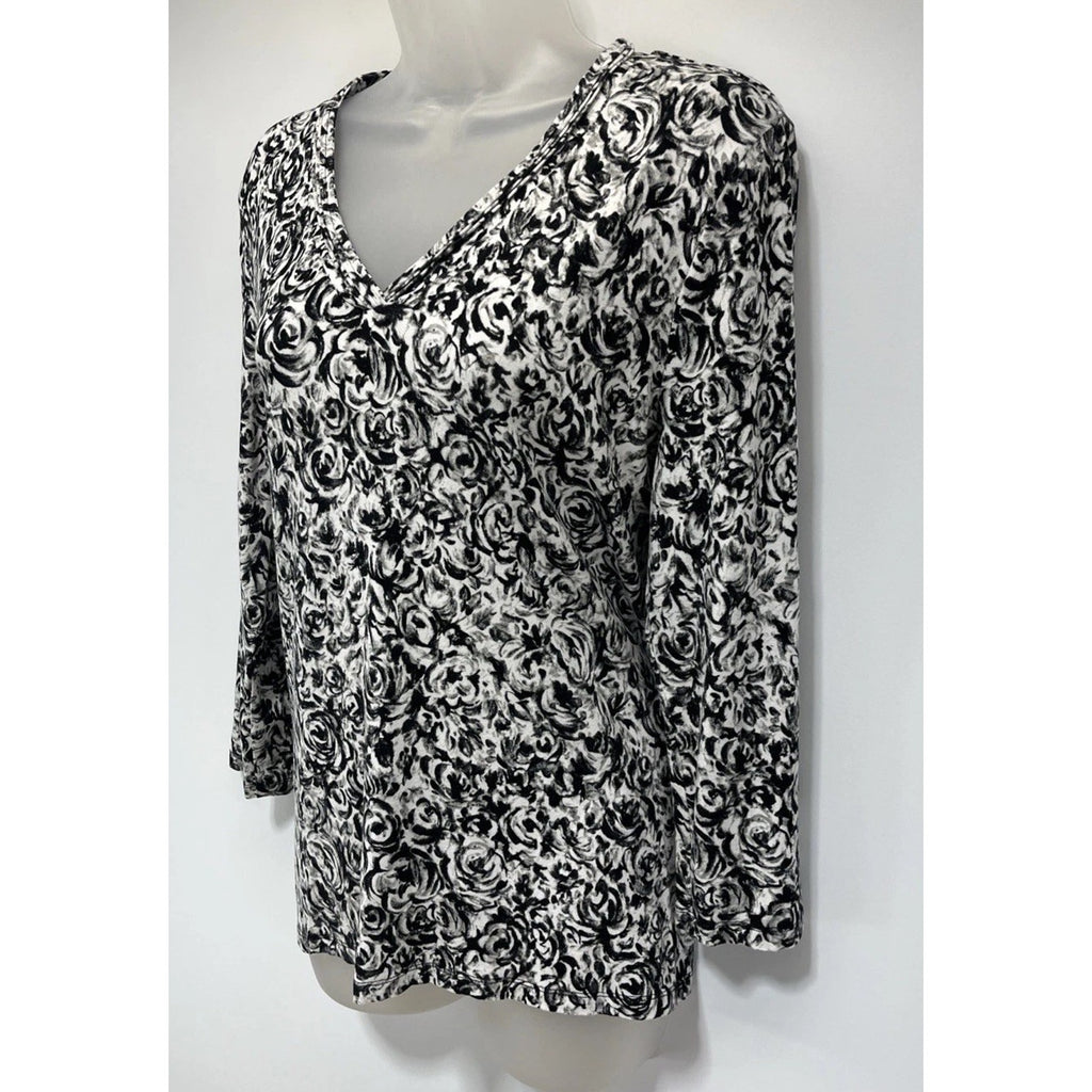 Talbots Women’s Size Large Black/White Floral Long Sleeve V-neck