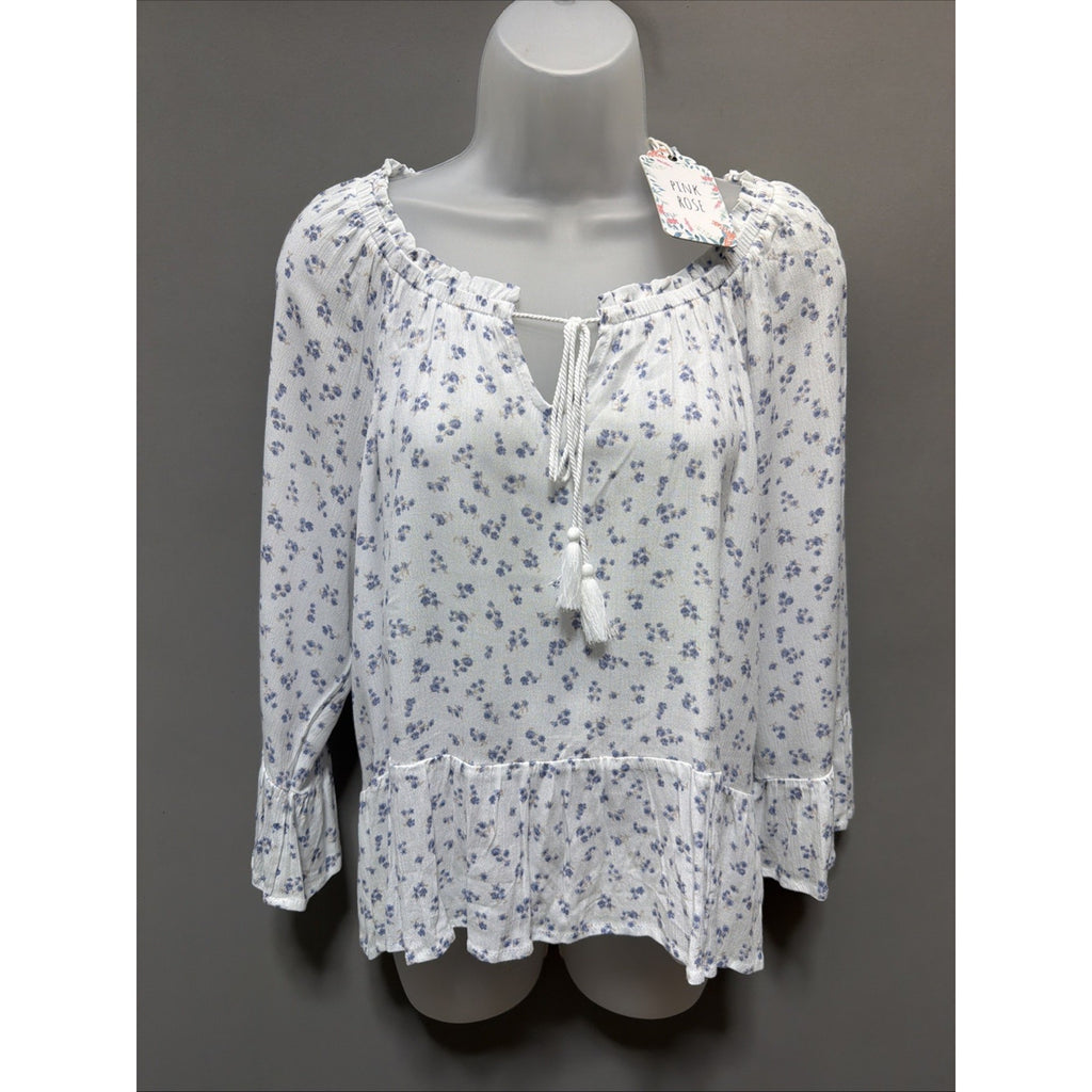 Pink Rose Floral White Bell Sleeve Blouse Women's Large Boho Casual New