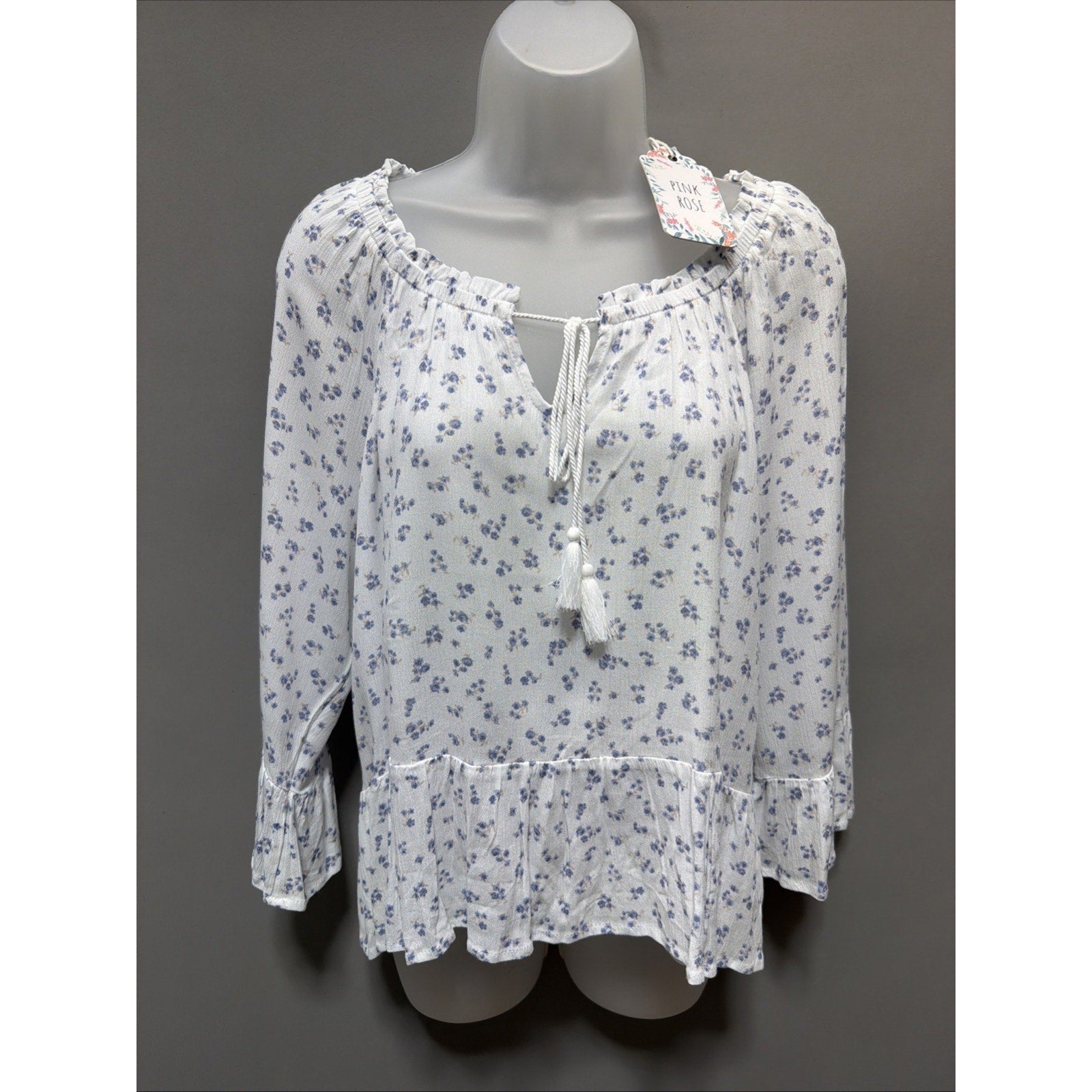 Pink Rose Floral White Bell Sleeve Blouse Women's Large Boho Casual New