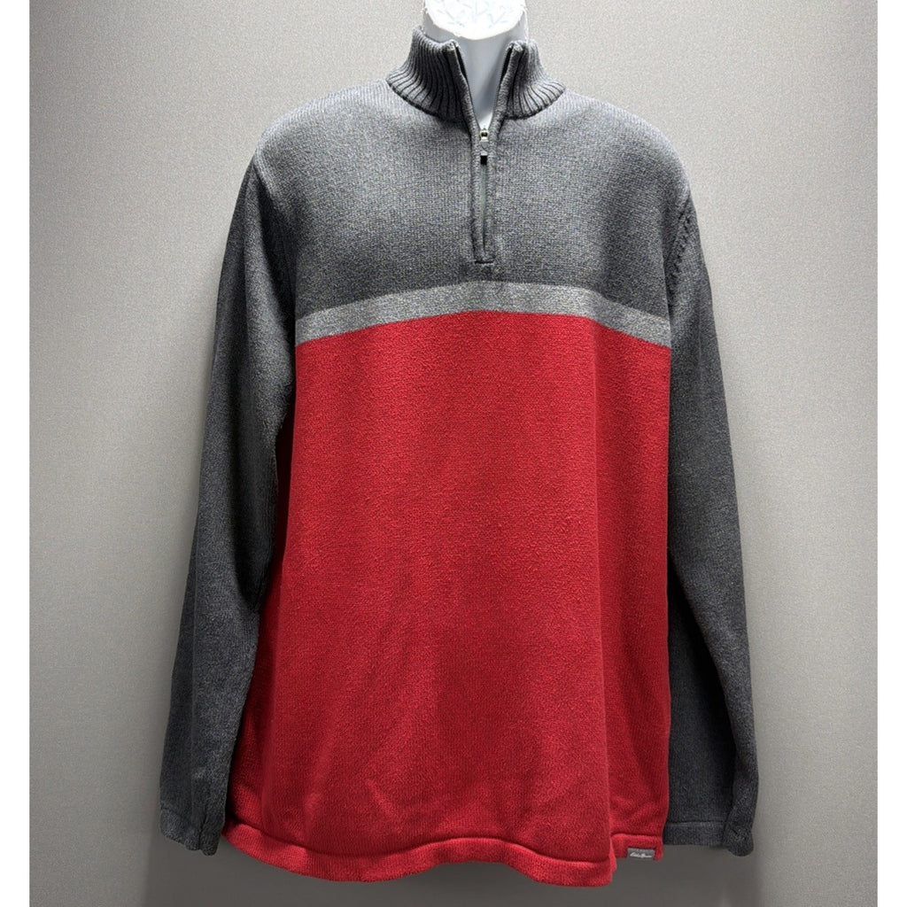 Eddie Bauer Mens Gray/Red Long Sleeve Mock Neck 1/4 Zip Sweater Size XL Tall