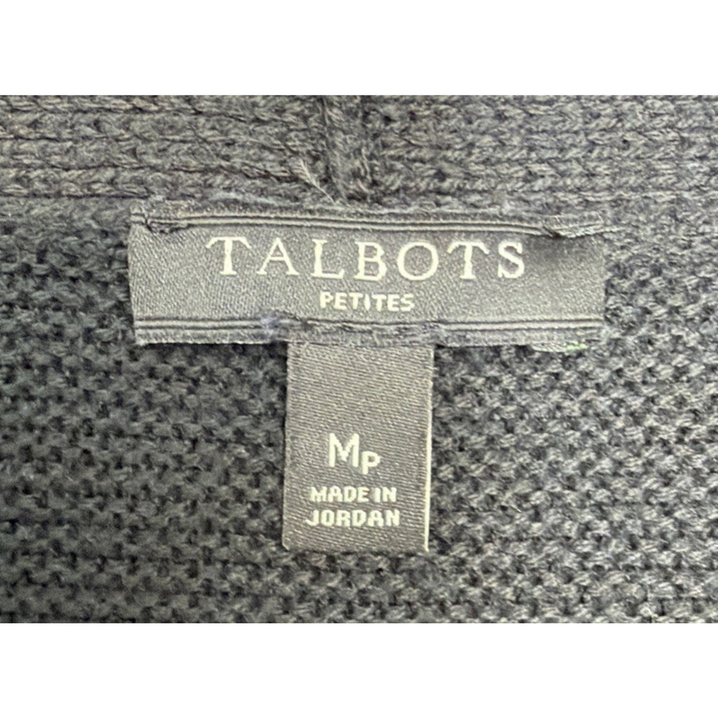 Talbots Waffle Knit Sweater Womens Medium Petite Black VNeck Minimalist