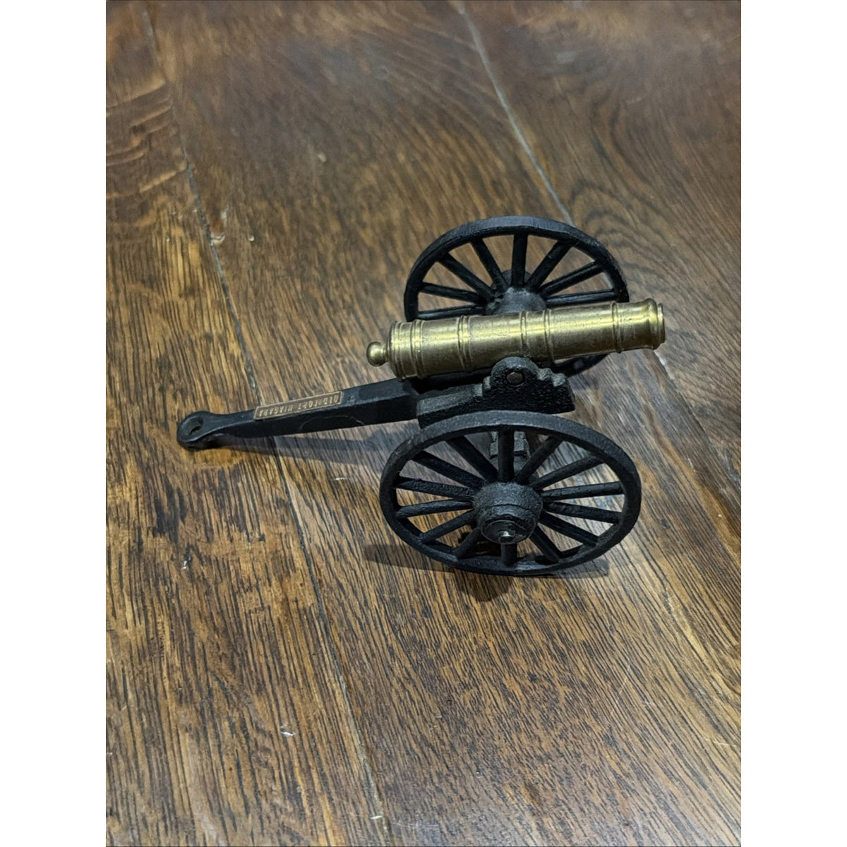 Miniature Cannon Brass Barrel Black Metal Carriage Spoked Wheels Military Decor