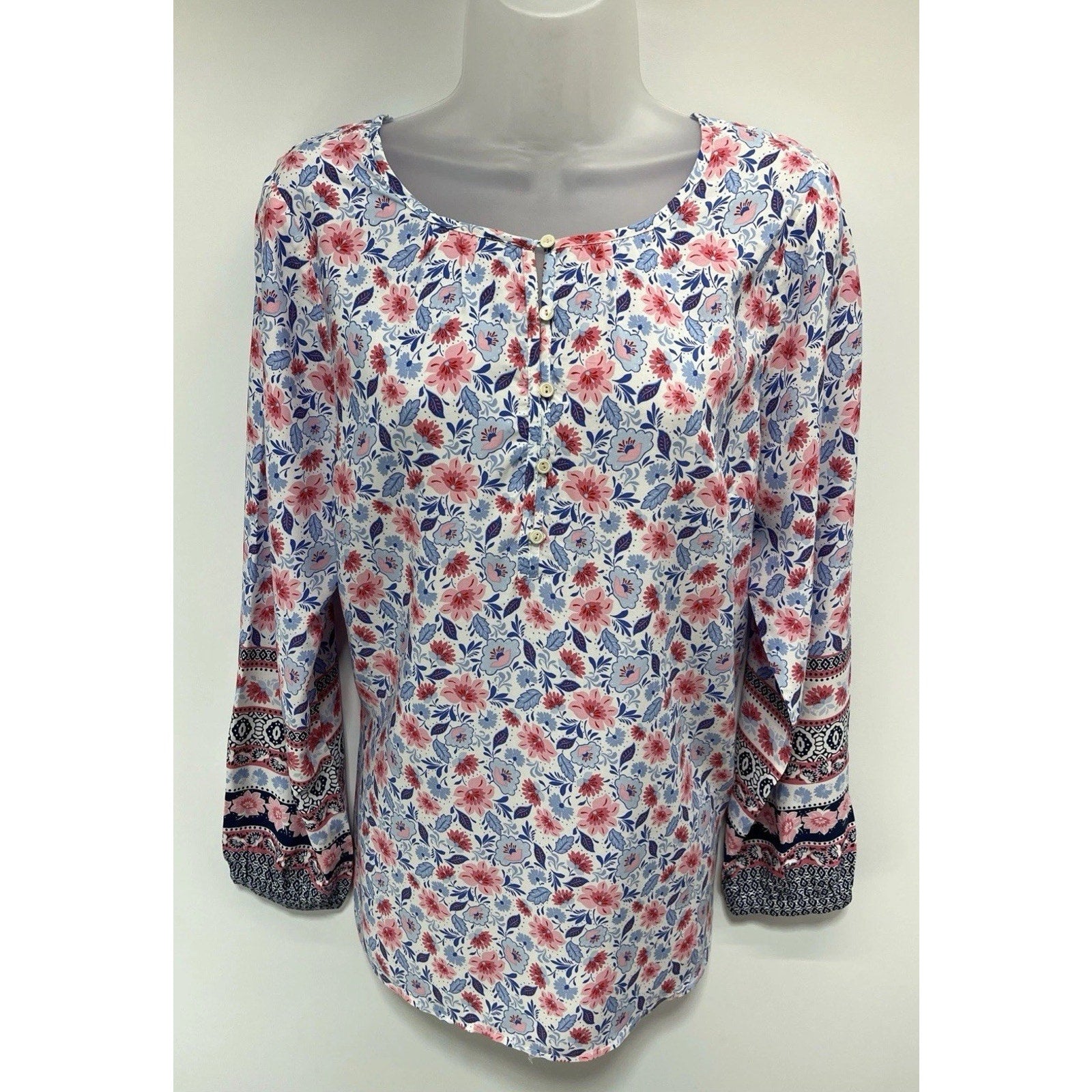 TALBOTS Top Size M Blue Pink Floral Boho Rayon Popover Long Sleeve Womens Light