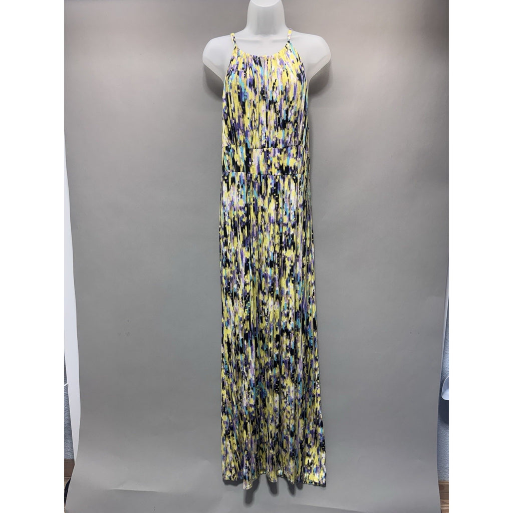 Alison Brittany Maxi Dress Women Large Yellow Purple Abstract Sleeveless Stretch