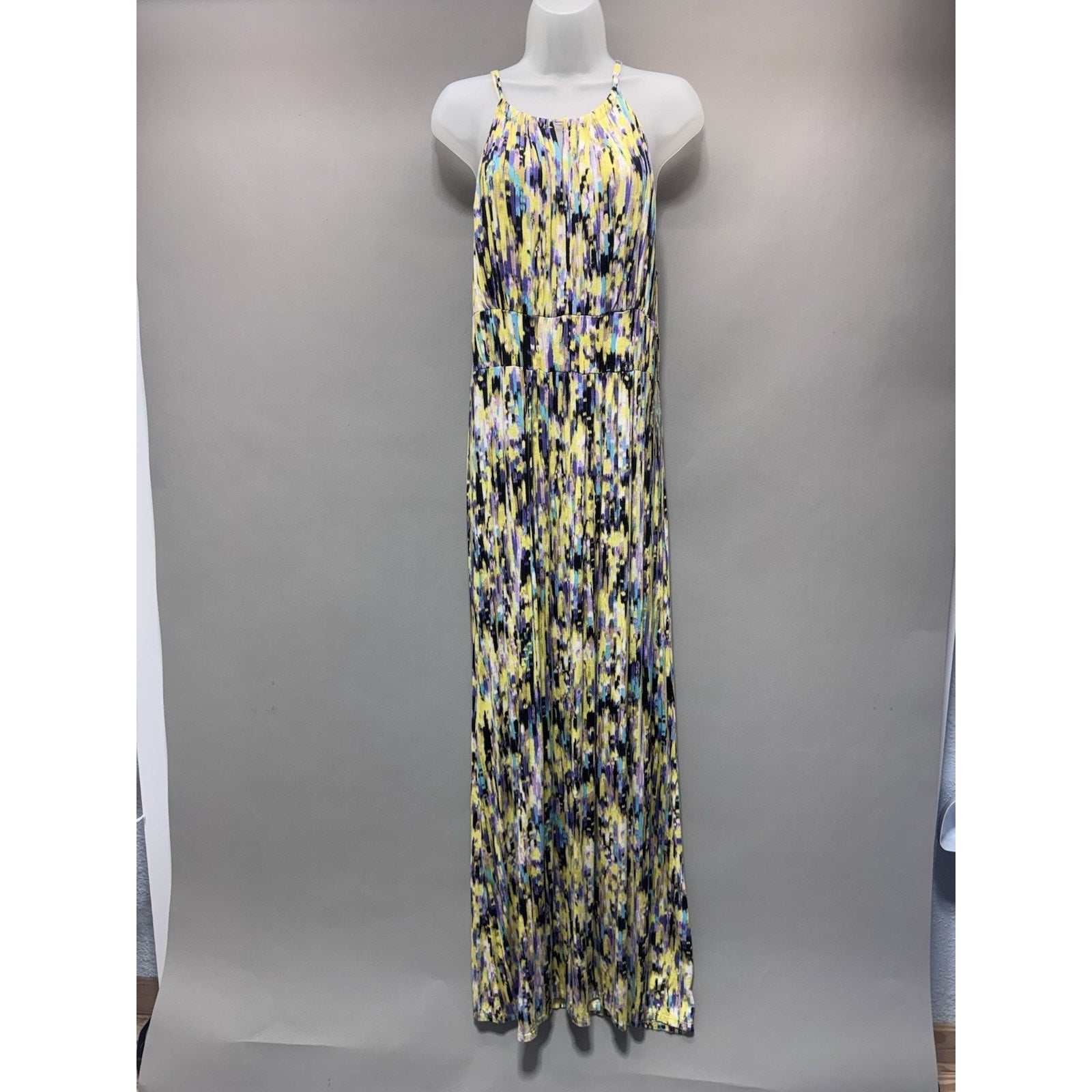 Alison Brittany Maxi Dress Women Large Yellow Purple Abstract Sleeveless Stretch