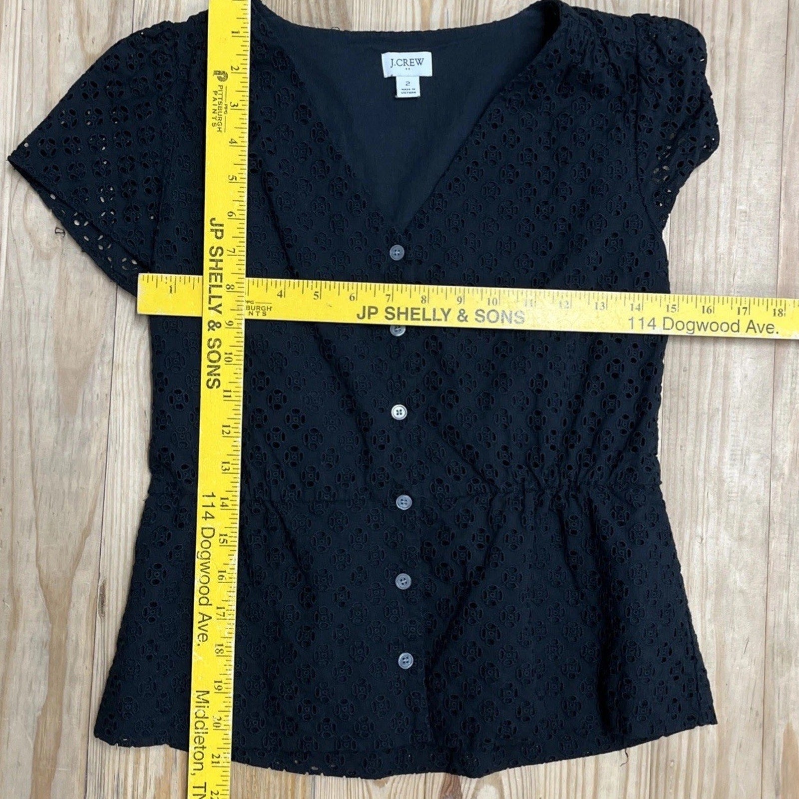 J. Crew Woman's Black Eyelet Button Front Short Sleeve Peplum Top Size 2
