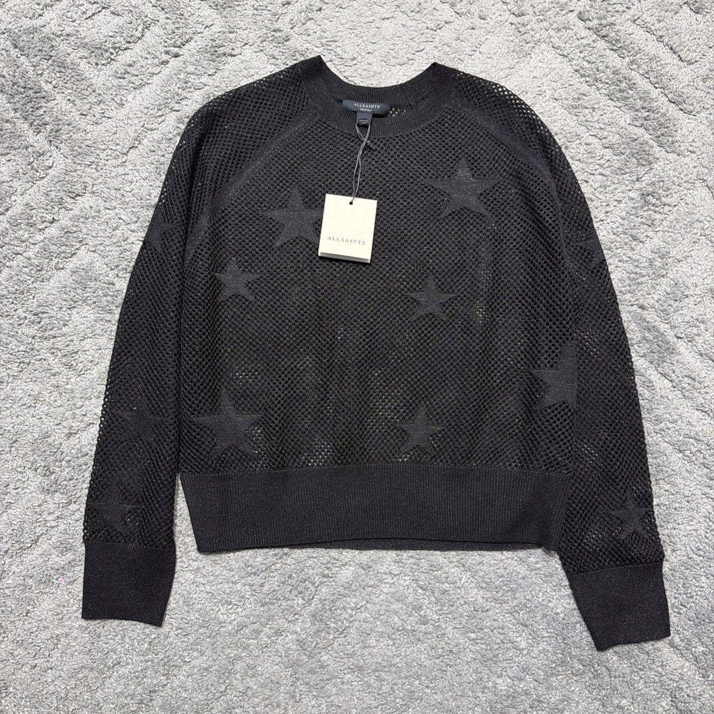 NWT AllSaints Seraph Star Mesh Sweater black Sz M Metallic Open Knit Retail 168