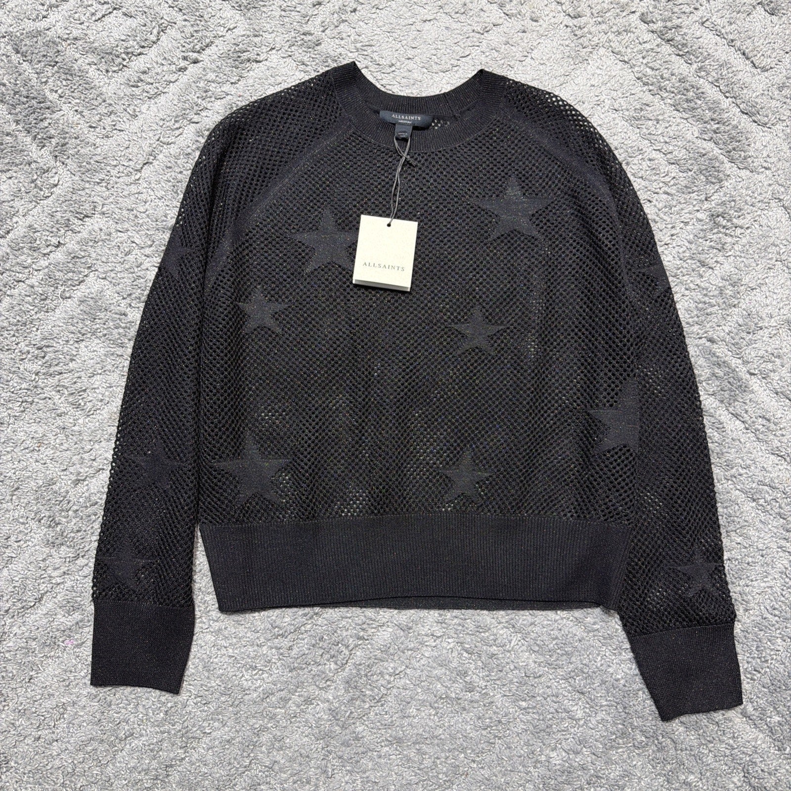 NWT AllSaints Seraph Star Mesh Sweater black Sz M Metallic Open Knit Retail 168