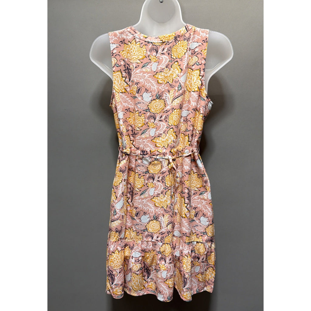 LOFT Floral Sleeveless Dress Small Pink Boho Ruffle Hem Button Front Summer