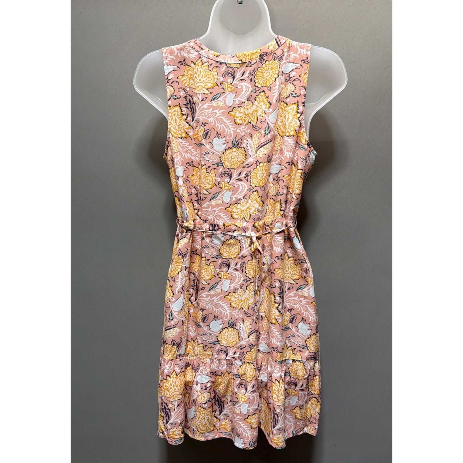 LOFT Floral Sleeveless Dress Small Pink Boho Ruffle Hem Button Front Summer