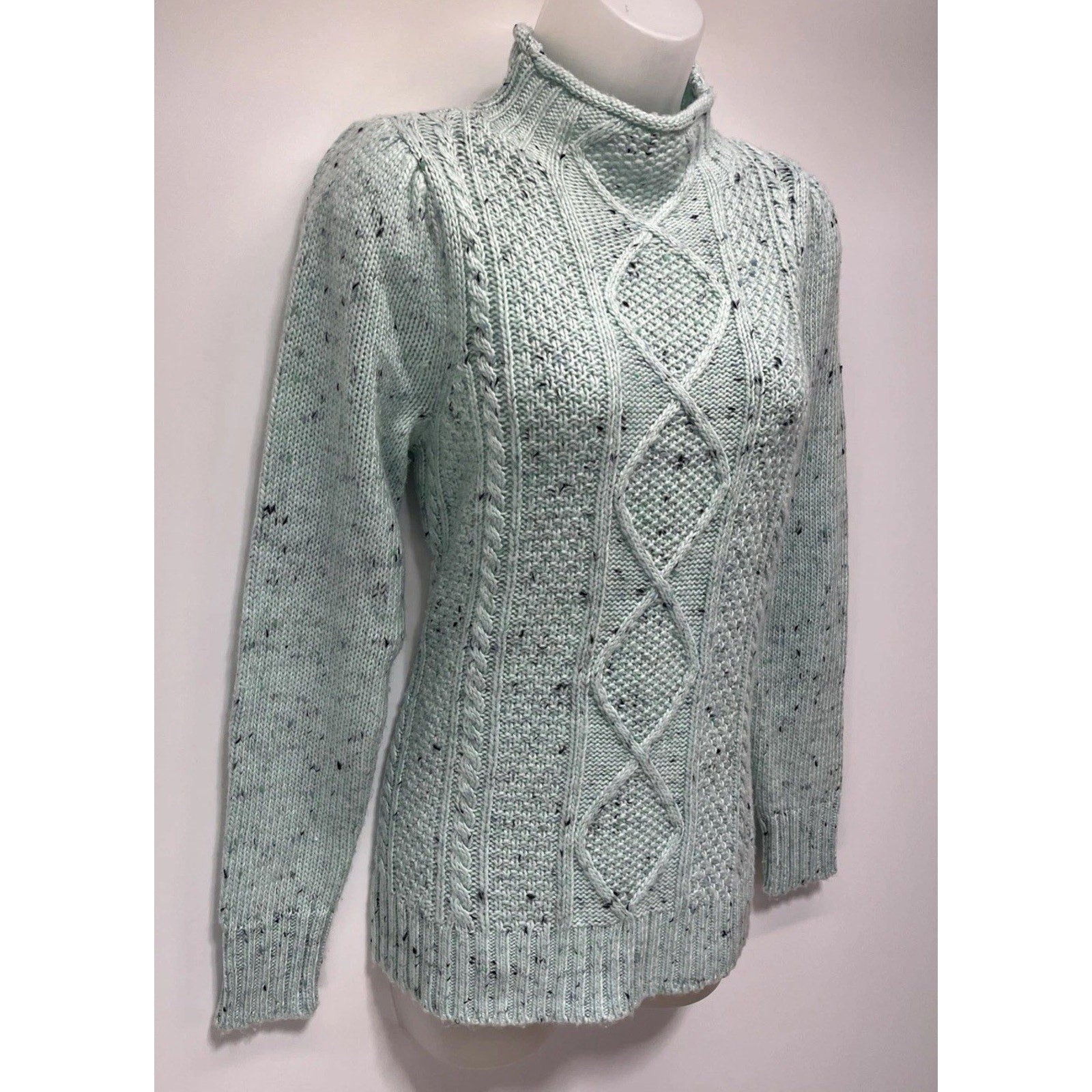 Talbots Sweater Womens Small Petite Blue Ribbed Edges Puffed Sleeve Specks Comfy