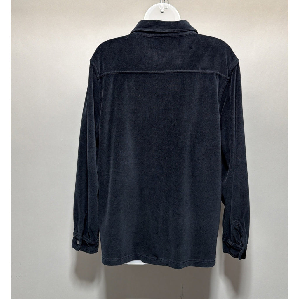 LL Bean Womens Sz L Black Velvet Velour Long Button Up Overshirt Shacket Top