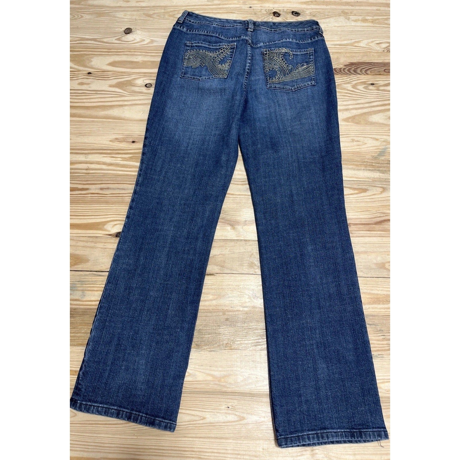 Chicos Platinum Womens Straight Leg Jeans Blue Embroidered Pockets Denim 2