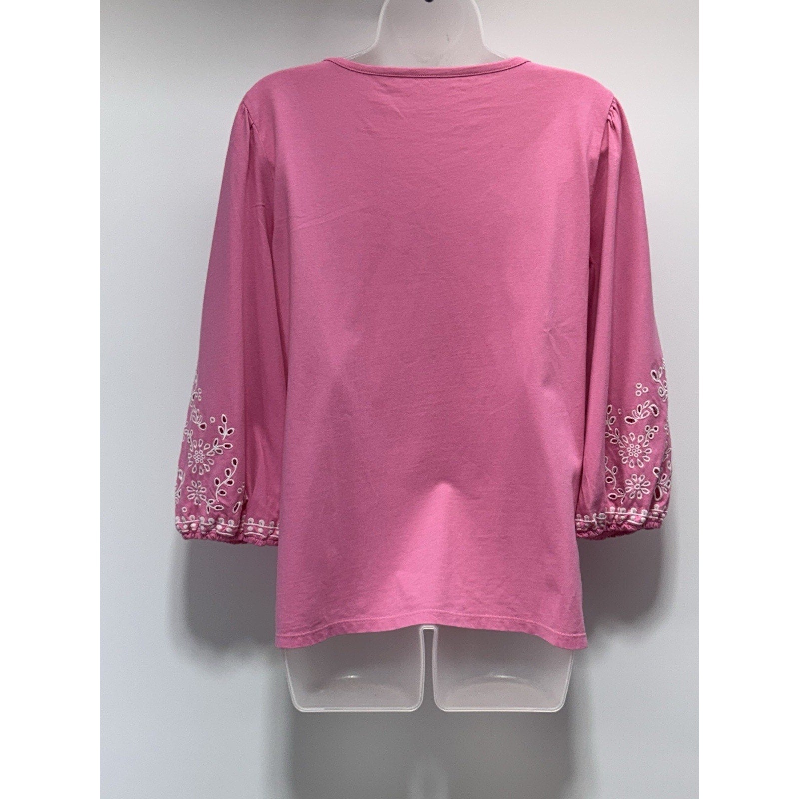 Talbots Cotton Puff Sleeve Pink Long-sleeved Blouse White Lace Cutout Size XLP