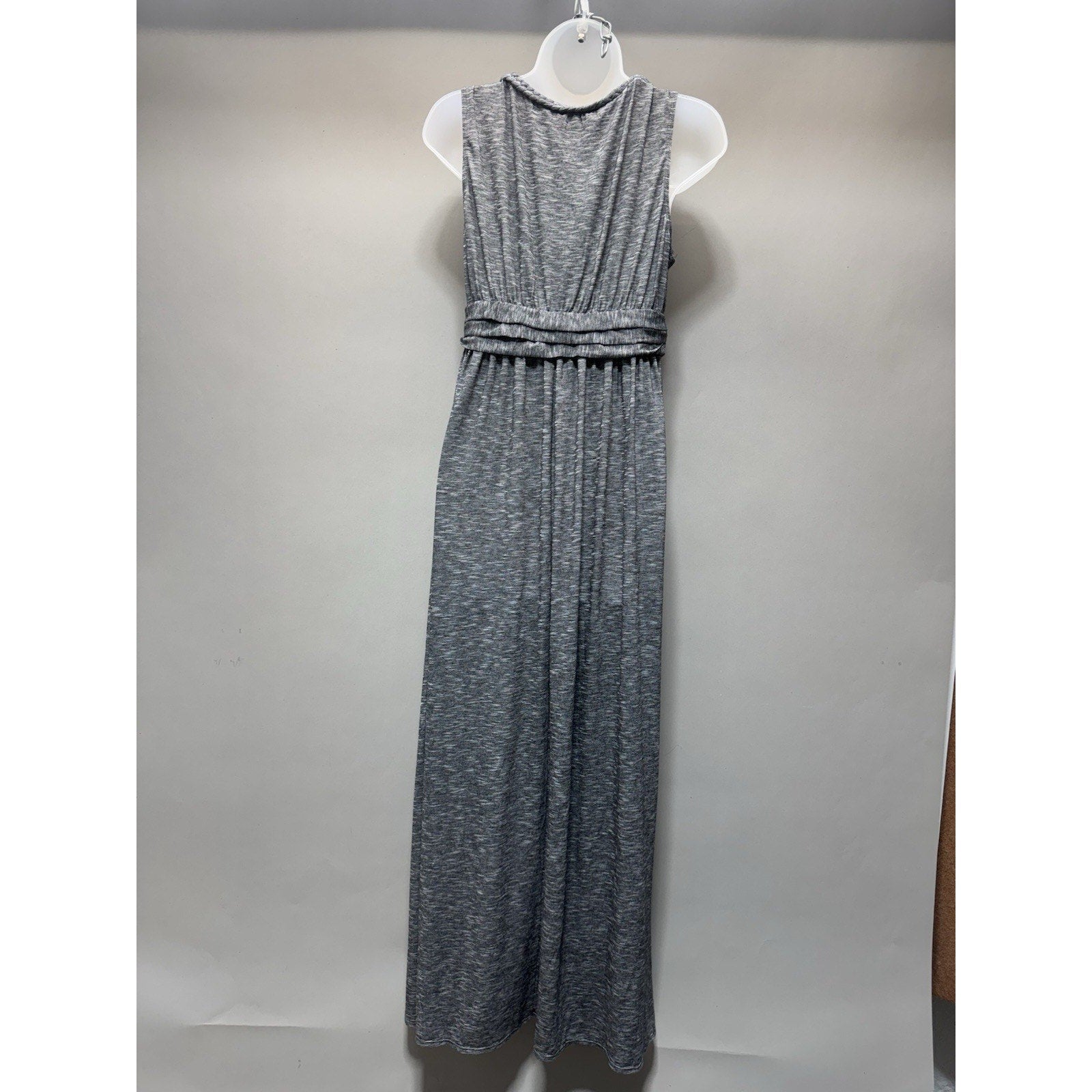 Max Studio Maxi Dress L Gray Striped Sleeveless Empire Waist Boho Stretch Knit