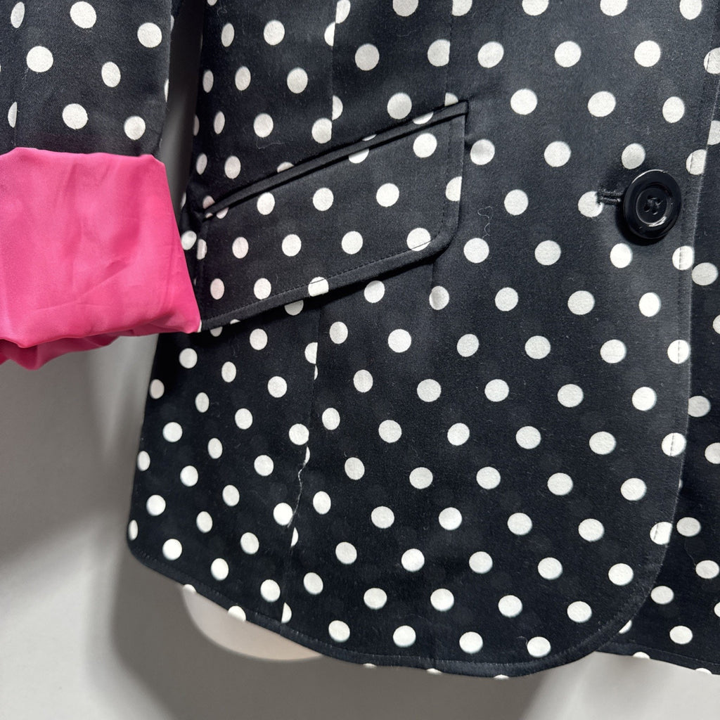 Focus 2000 Women Black Polka Dot Blazer Jacket Hot Pink Lining Women’s Size 8