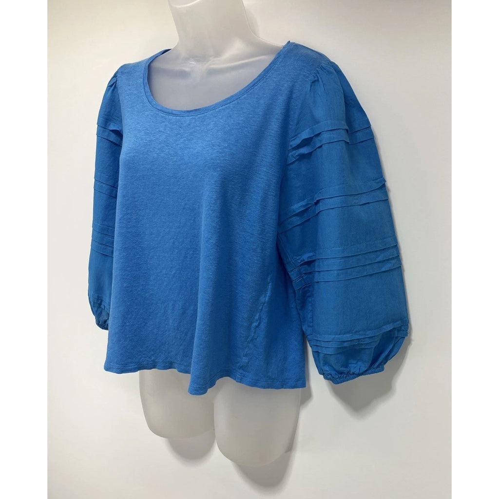 Chico's Blue Linen Blend Top Tiered Sleeve Long Sleeve Blouse Size 1 Medium