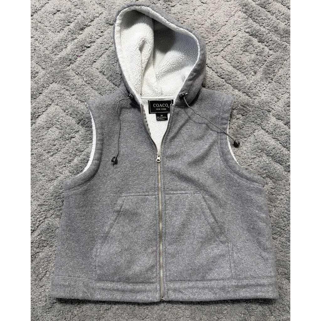 Coaco NY Fleece Polyester Soft Warm Full Zip Hooded Vest Light Grey Womens Sz M