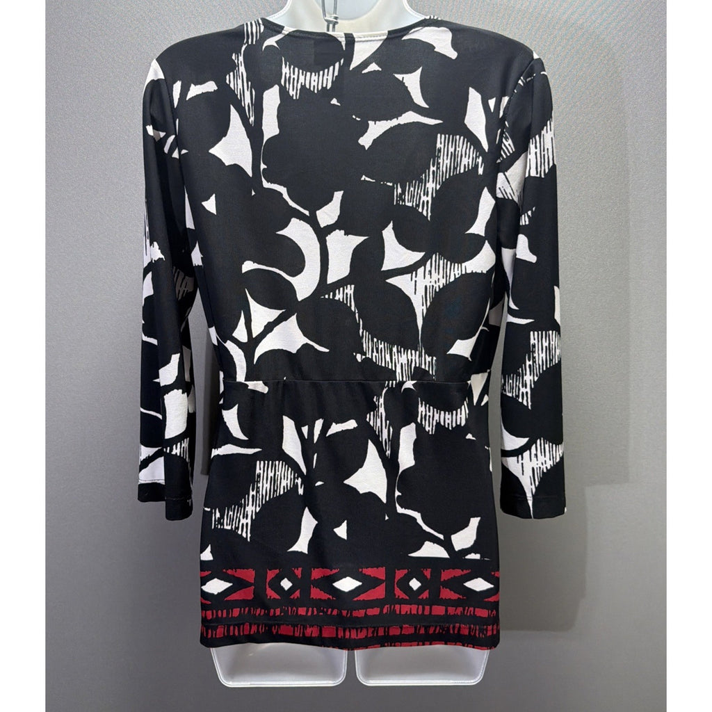 Vtg Chicos Jersey Woman Sz 0 Black White Red Shirt Faux Wrap Top Stretch USA