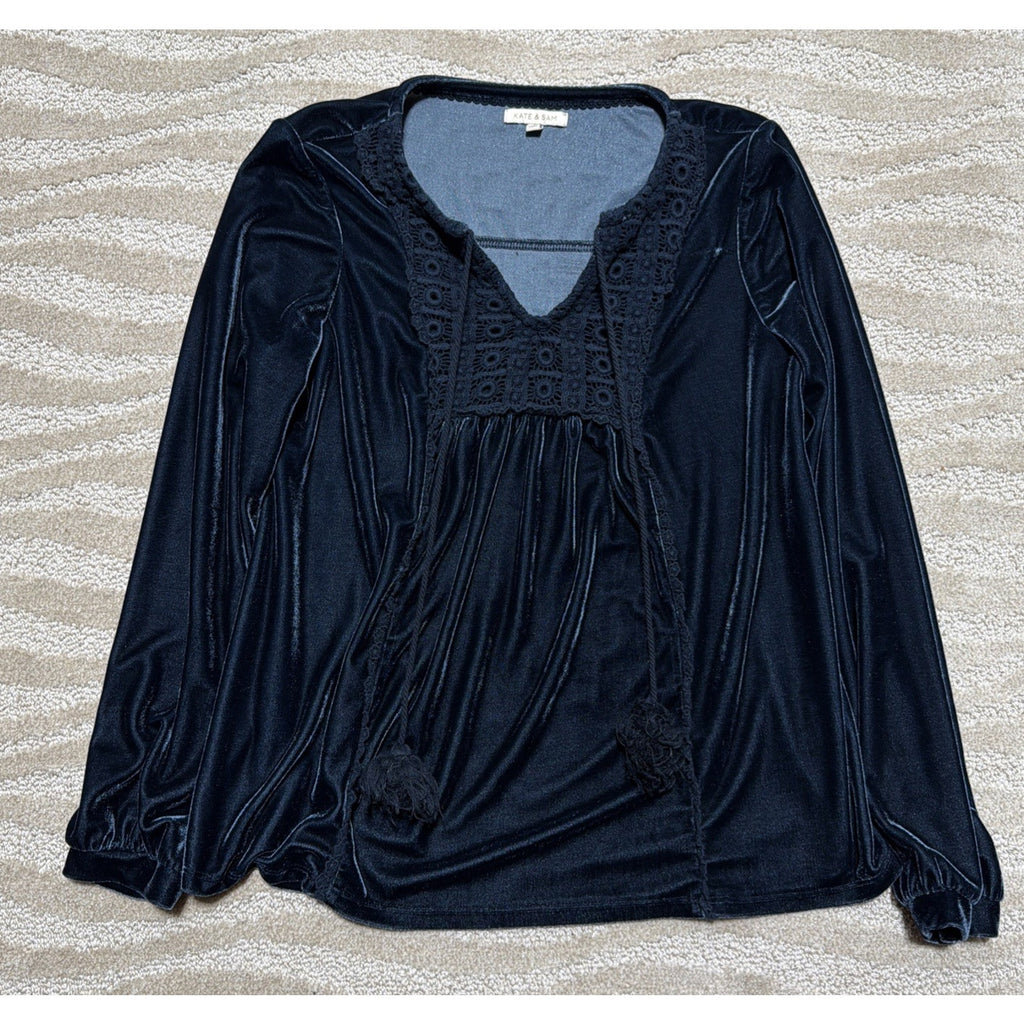 Kate & Sam Midnight Blue Velvet Boho Peasant Style Blouse with Tassels Sz S