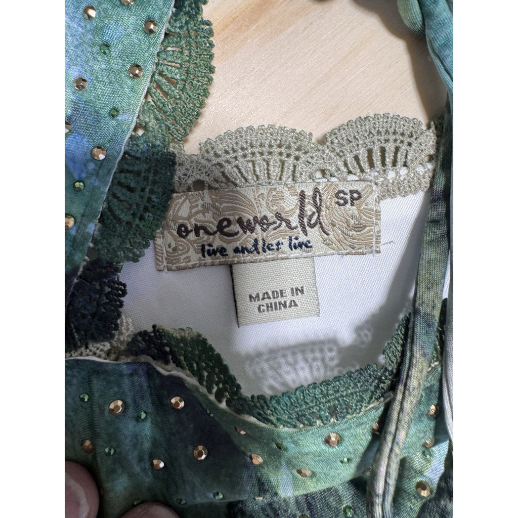 One World Live & Let Live SP Petite Maxi Dress Blue Green Beaded Boho