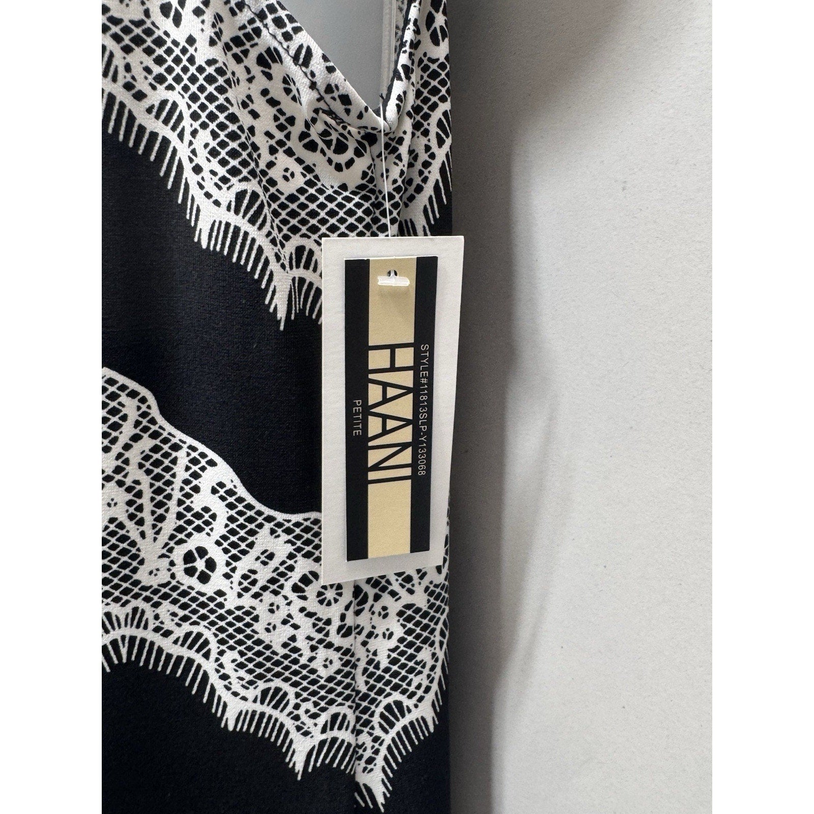 HAANI Petite PM Black White Lace Print Shift Dress Beaded Neck Sleeveless NWT