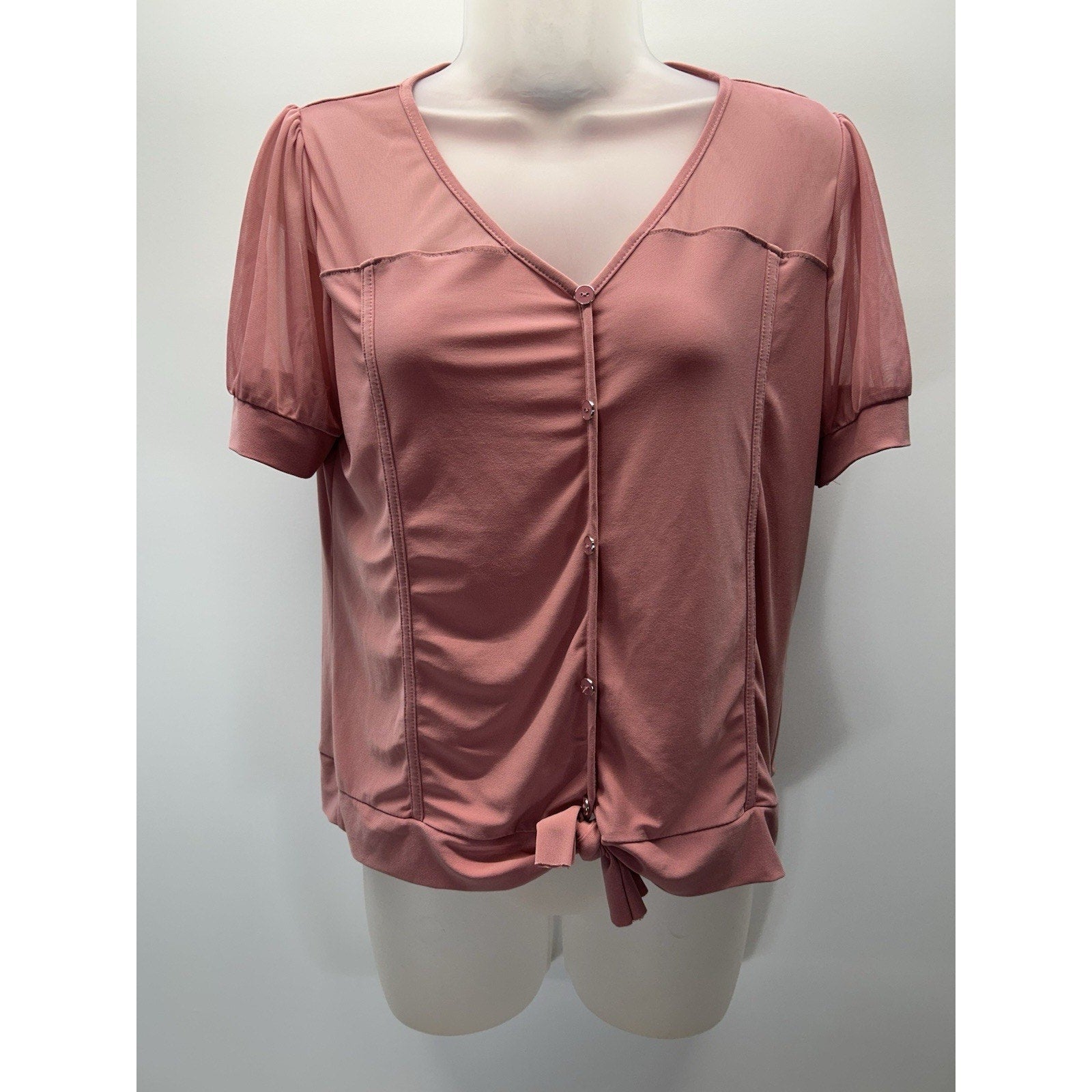 Adele and May Dusty Pink Top Blouse Size M Puff Sheer Sleeves Stretch