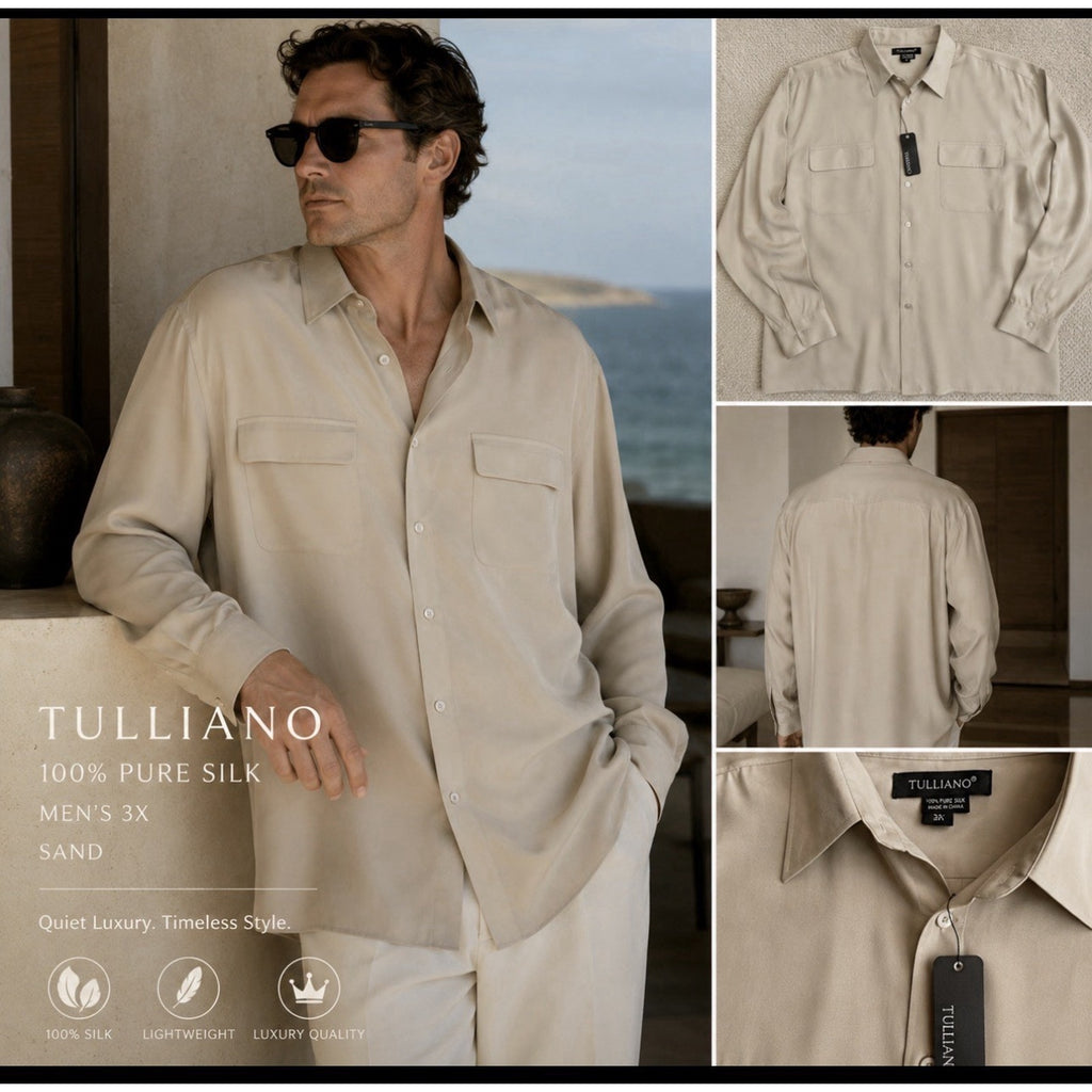 Tulliano 100% Pure Silk Sand Button Front Shirt Menswear Bg3X Luxury Pocket NWT