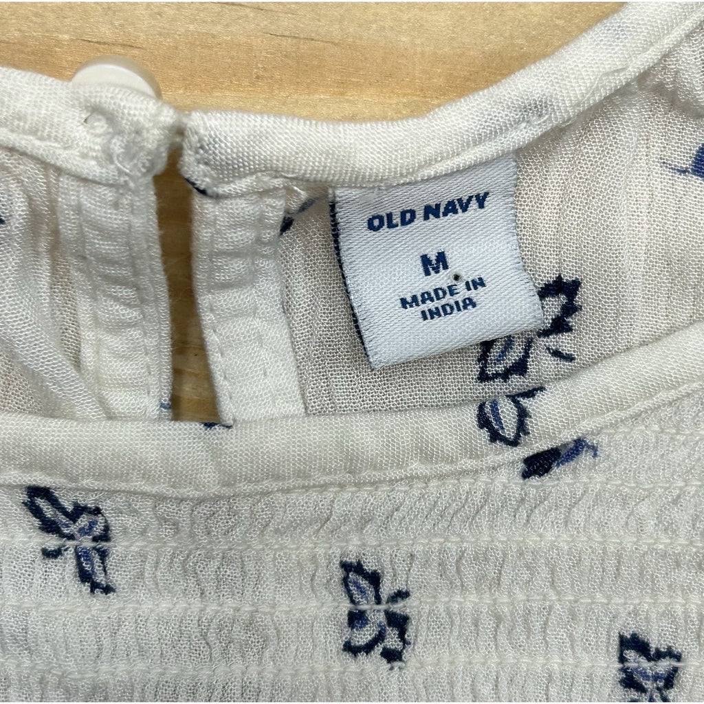 Old Navy Women’s Blouse M White & Blue Floral Boho Peasant Ballon Sleeve Casual.