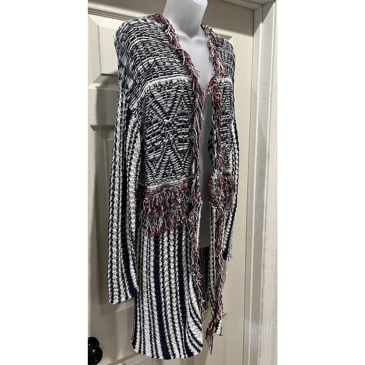 Women New Directions Blue, Red & White Open Front Sweater Cardigan Size L