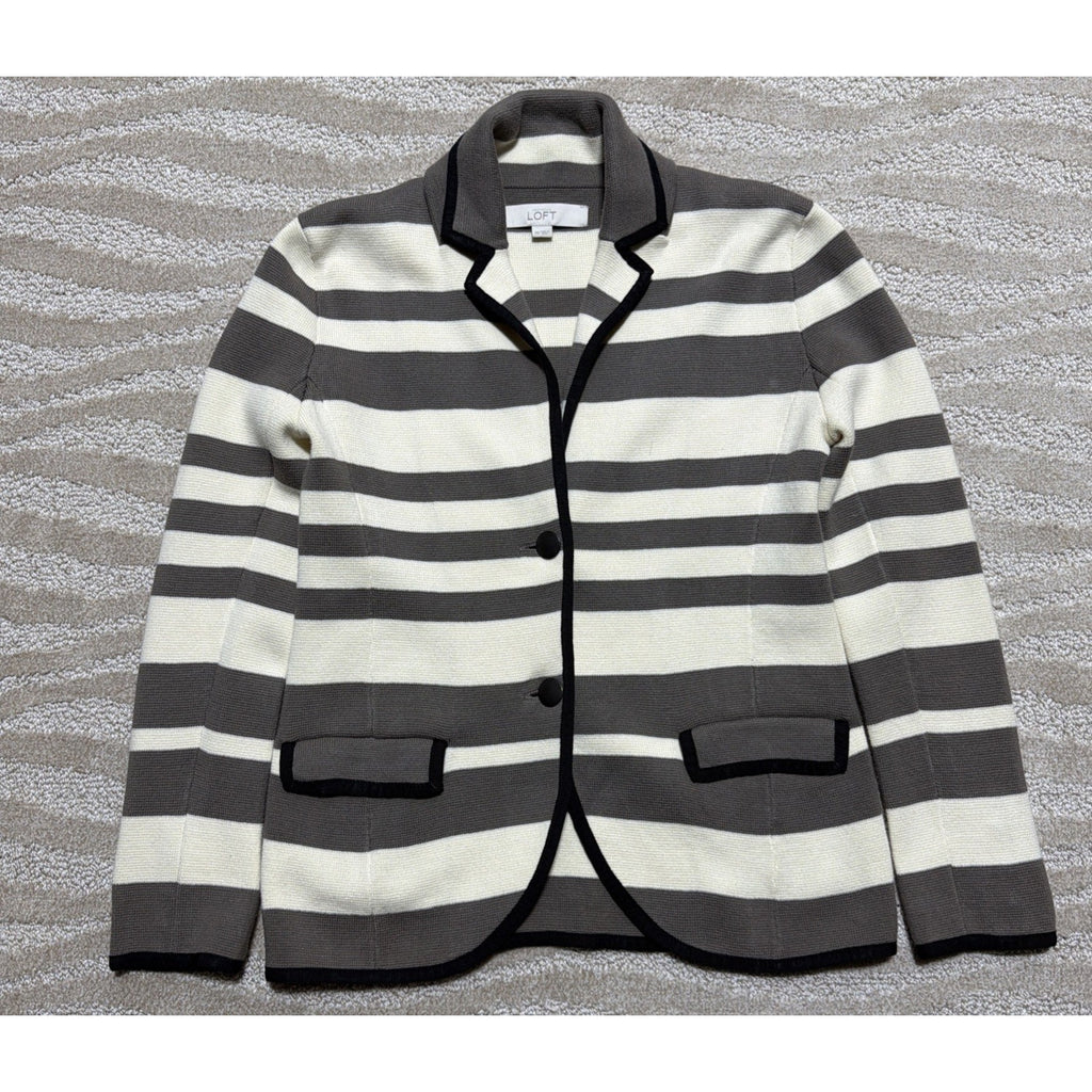 LOFT Ann Taylor Striped Knit Blazer Womens Medium Brown Cream Cotton Jacket