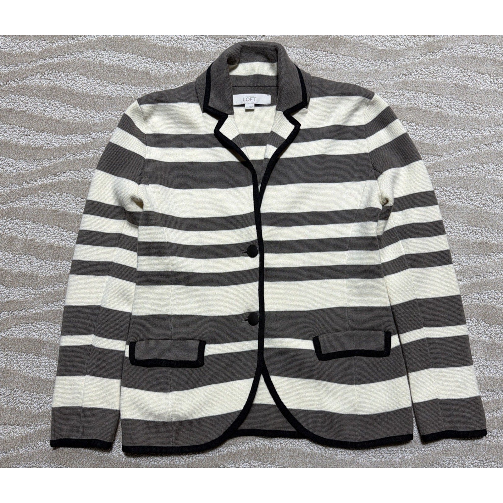 LOFT Ann Taylor Striped Knit Blazer Womens Medium Brown Cream Cotton Jacket