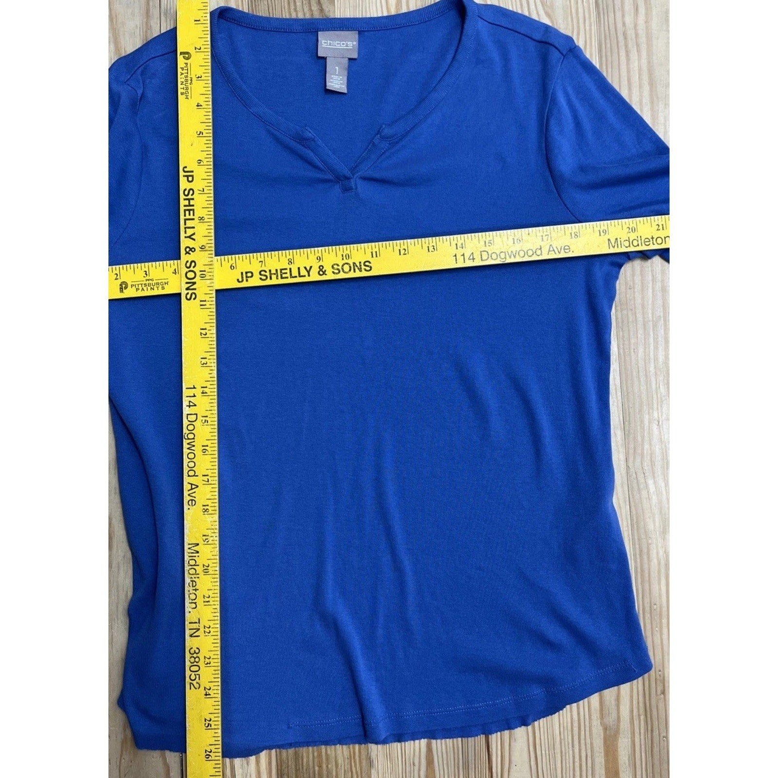 Chicos Women's 1 Small Pullover V-Neck Shirt Tunic 3/4 Sleeve Linen Blue